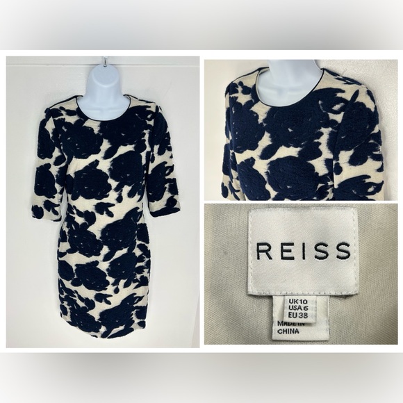 Reiss Leila Floral Burnout Bodycon Dress Size 6 Wool‎ Blend 3/4 Sleeve Cocktail - Picture 1 of 14